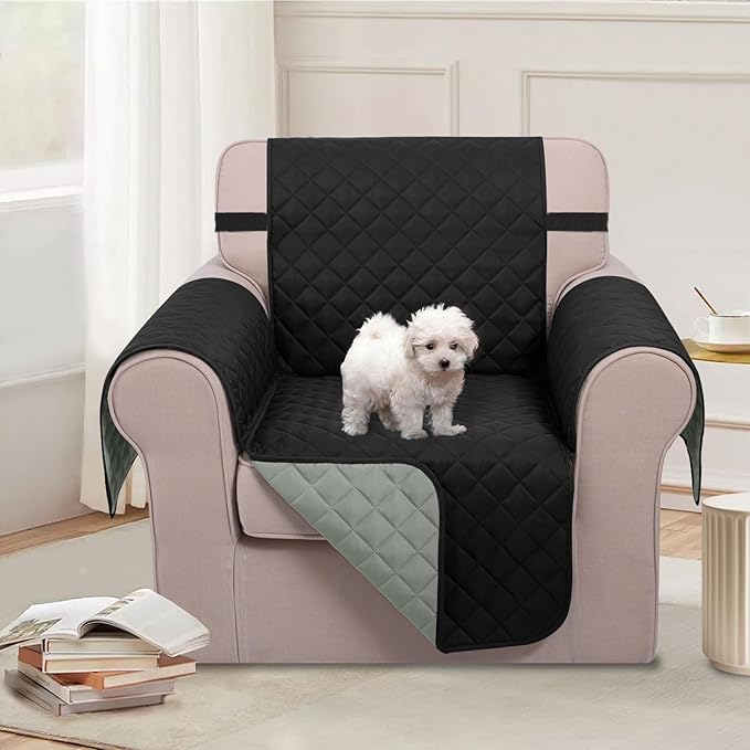 U-NICE HOME Reversible Oversized Chair Covers Quilted Water Repellent Pet Protectors with Elastic Straps(28''Armchair, Black/Grey)