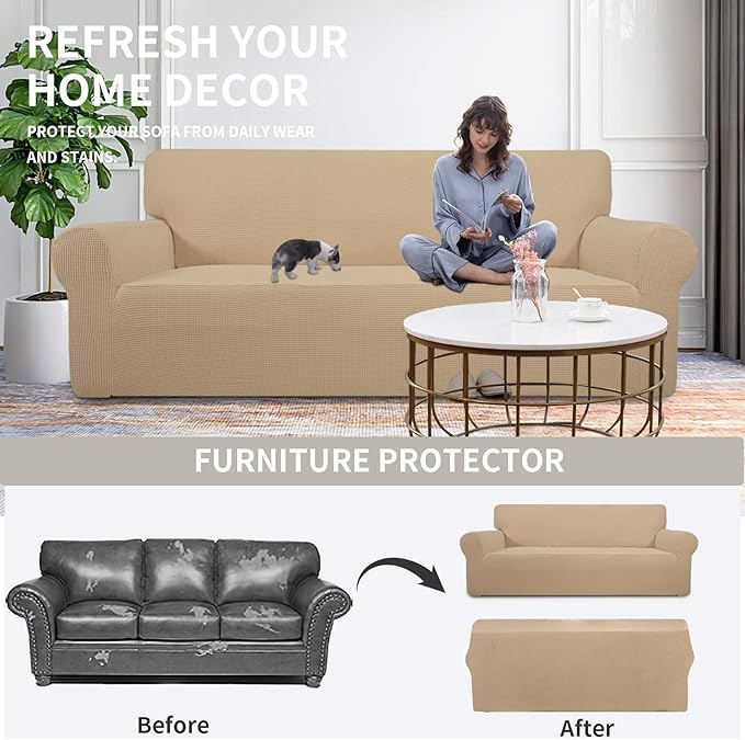 Easy-Going Stretch Oversized Chair Sofa Slipcover 1-Piece Couch Sofa Cover Furniture Protector Soft with Elastic Bottom for Kids Spandex Jacquard Fabric Small Checks Sand