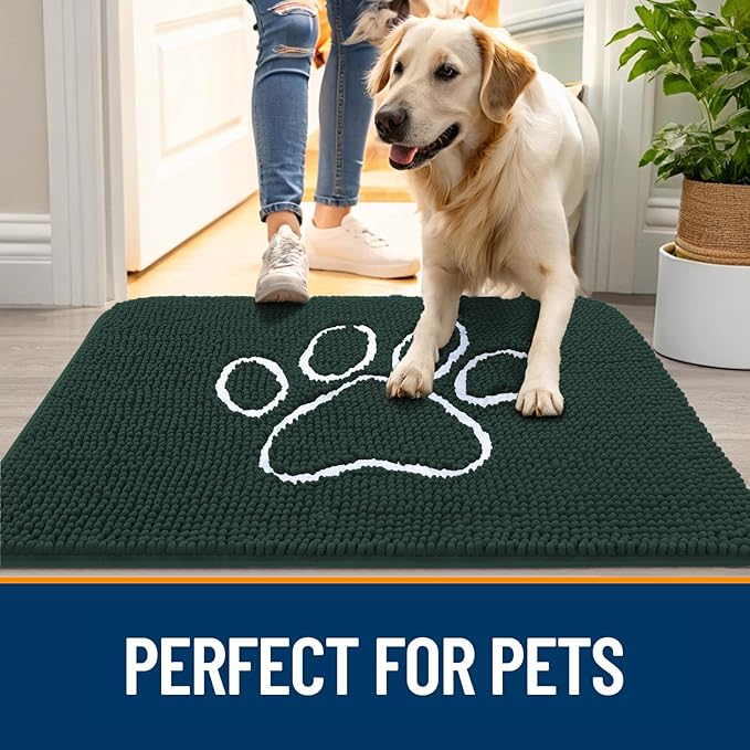 OLANLY Dog Door Mat for Muddy Paws 30x20, Paw Print Design, Absorbs Moisture and Dirt, Absorbent Non-Slip Washable Doormat, Quick Dry Chenille Mud Mat, Entry Indoor Entryway Carpet, Blackish Green