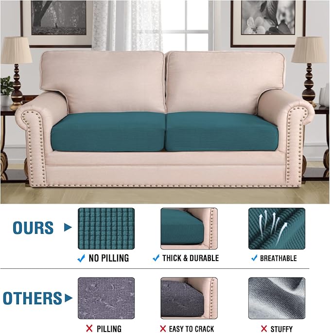 H.VERSAILTEX Super Stretch Individual Seat Covers - Sofa & Couch Cushion Slipcover Sets (Thick Jacquard Textured Twill Fabric, Deep Teal) - 2 Piece Large