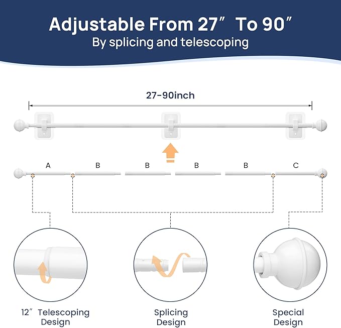 ENJOYBASICS No Drill Curtain Rods for Window 48 to 84 Inches, 5/8 Inch Diameter Renter Friendly Drapery Rod with Adhesive Brackets without Drilling, Adjustable from 27 to 90 Inches, White