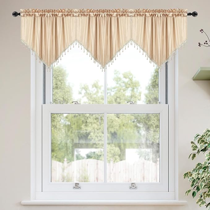Molaxhome Swag Curtain 51 inch Length Rod Pocket Scalloped Curtain Valance Sheer Lace Panels with Hanging Crystal Beads for Kitchen Bedroom Window Treatments Drape Decor 1pc (Cloth Beige, 51Wx23L)