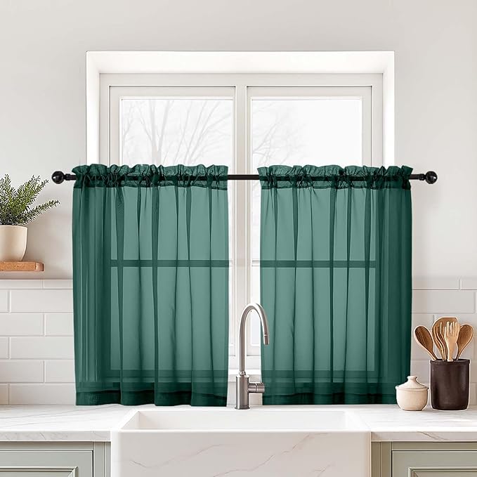 Green Small Sheer Curtains Tier 24 Inches Length 2 Pieces, Light Filtering Cafe Curtains for Living Room Bathroom, Modern Window Treatments Dual Rod Pocket, Hunter Green, 2X42Wx24L Inches