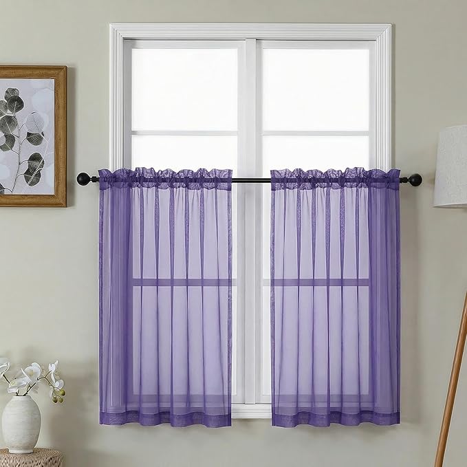 Gwine Short Kitchen Sheer Curtains 36 Inch Length - Light Filtering Voile Small Half Window Curtain for Basement, Rod Pocket Cafe Curtains for Bathroom Cabinet, 42Wx36L Inch, 2 Panels, Purple