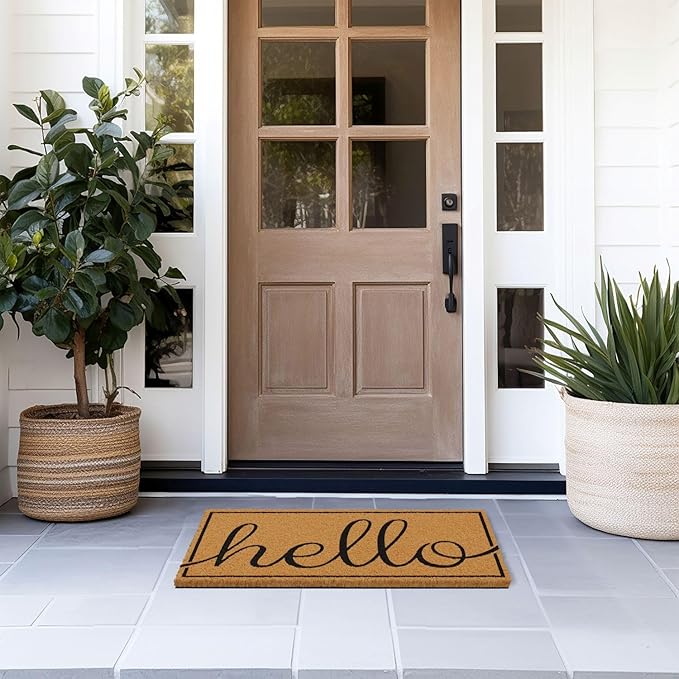 Barnyard Designs Natural Coco Coir Heavy Duty Backing Doormat - Large Cute Non-Slip Front Door Welcome Mat for Outside Entrance or Porch Entry, Brown (17x30, Hello)