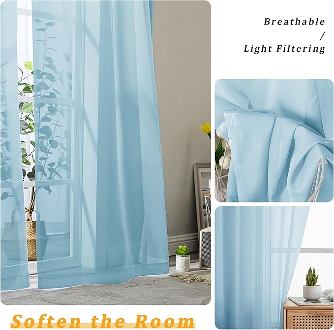 Gwine Sky Blue Valances for Windows, Small Light Filtering Rod Pocket Cafe Valance Curtains, Soft Sheer Curtain for Bathroom Laundry Basement, 42Wx14L inch, 2 Pieces