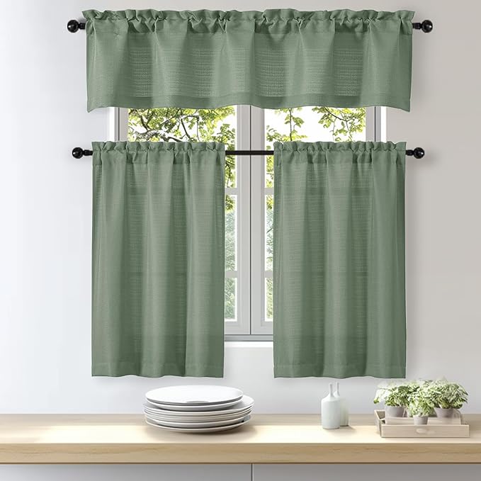 OWENIE Bob Valance Curtains 18 Inch Length 1 Piece, Faux Linen Slub Solid Green Kitchen Valance for Bedroom Living Room, Farmhouse Soft Airy Rod Pocket Small Window Curtain, Each 60Wx18L Inch