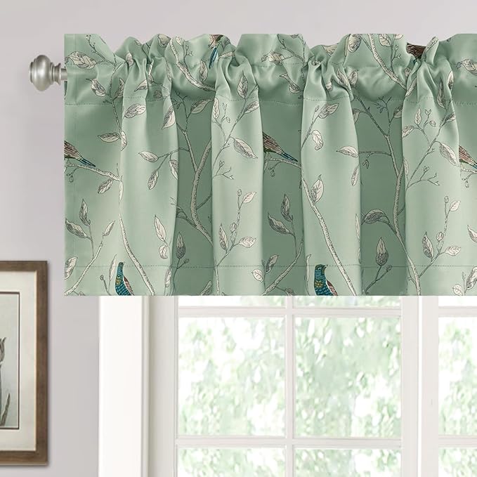 H.VERSAILTEX Blackout Curtain Valances for Kitchen Window/Living Room/Bathroom Privacy Added Rod Pocket Home Decoration Winow Valance, 52" W x 18" L, Birds in Sage