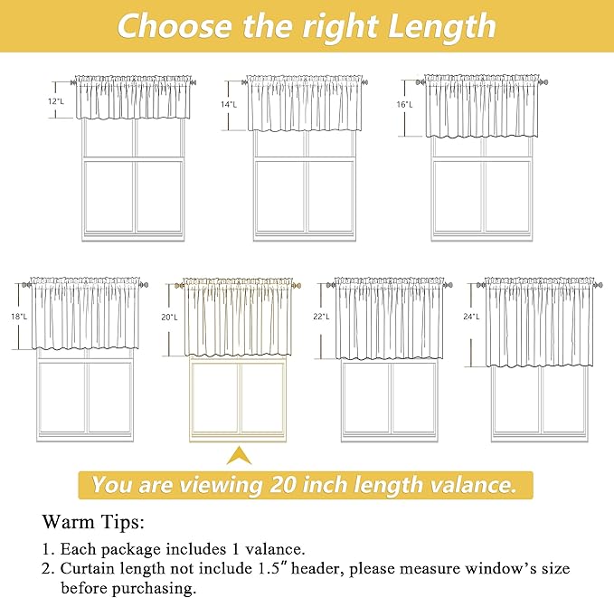 OWENIE Linen Valances for Windows 1 Pcs 20 Inch Length, Light Filtering Textured Short Small Valance Curtains for Bathroom Basement Living Room Bedroom, Half Window Curtains Over Sink, 60" W by 20" L