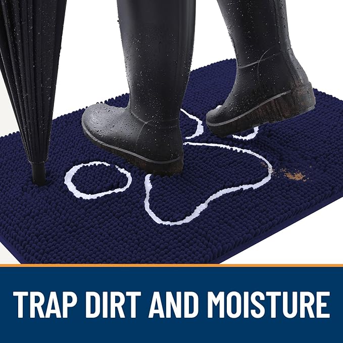 OLANLY Dog Door Mat for Muddy Paws 24x16, Paw Print Design, Absorbs Moisture and Dirt, Absorbent Non-Slip Washable Doormat, Quick Dry Chenille Mud Mat for Dogs, Entry Indoor Entryway Carpet, Navy Blue