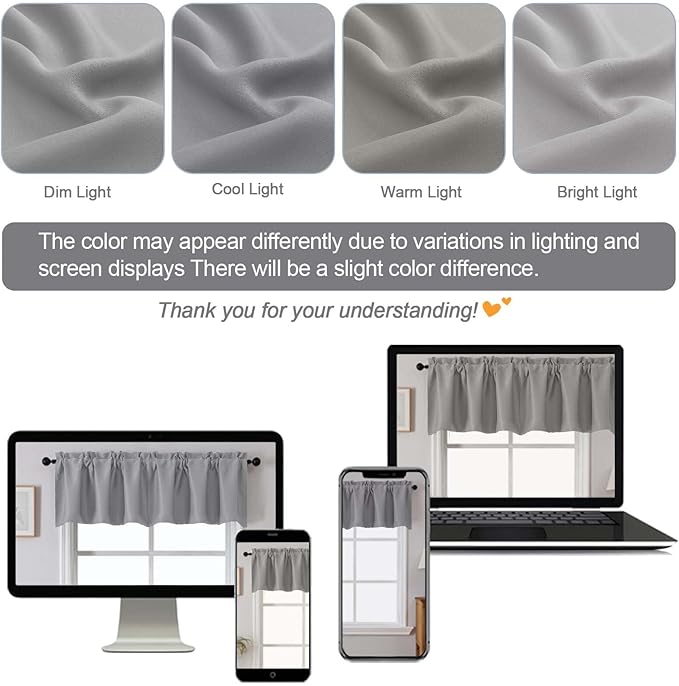 Chyhomenyc Silver Grey Valances for Window, Room Darkening Short Curtains for Kitchen Bedroom Living Room, Rod Pocket Top Small Window Treatment Valance RV Bunk Panels, 60Wx14L, 2 Pieces
