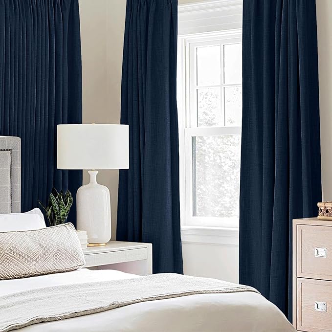 MIULEE 100% Blackout Linen Textured Curtains for Bedroom Solid Thermal Insulated Midnight Blue Grommet Room Darkening Curtains & Drapes Luxury Decor for Living Room Nursery 52 x 96 Inch (2 Panels)