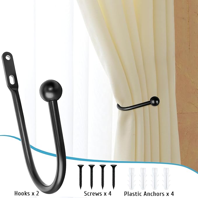 VRSS Wall Mount Curtain Tiebacks Drapery Holdbacks Curtain Holdback Hooks 6" L x 3" W Simple Style (8pcs Black)