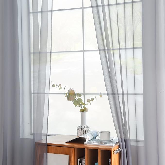 youleyar Solid Sheer Rod Pocket Curtain Voile Draperies 2 Panels White Beige Black Grey Coffee 52 Inch Width 96 Inch Long 1 Pair for Kitchen Bedroom Children Living Room Yard(Grey,52Wｘ96L)