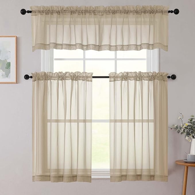 Cafe Curtains 36 Inch Length Tier 2 Pieces, Modern Soft Airy Sheer Kitchen Short Curtains for Small Window, Rod Pocket Small Curtain for Bathroom Basement, Taupe, Each, 42" Wx36 L Inches