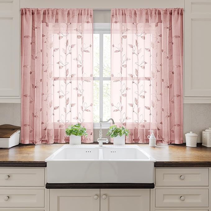 HOMEIDEAS Blush Pink Sheer Kitchen Curtains 52 x 45 Inch Length 2 Panels Embroidered Leaf Pattern Short Curtains for Bedroom Half Small Bathroom Window Rod Pocket Tiers
