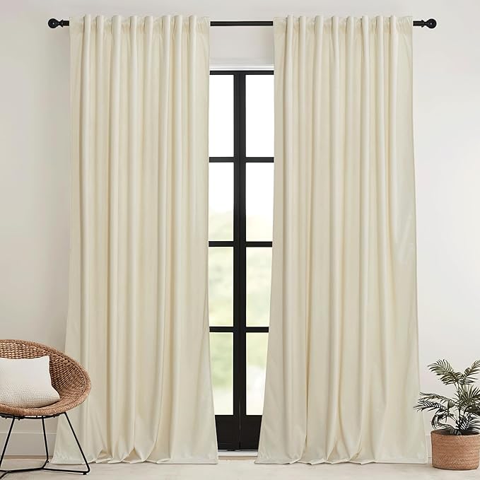 RYB HOME Beige Velvet Curtains 102 inches with Hook Belt, Soft Fabric Room Darkening Thermal Insulated Luxurious Home Decor Curtains for Living Room Bedroom, W 52" x L 102", 2 Panels Set