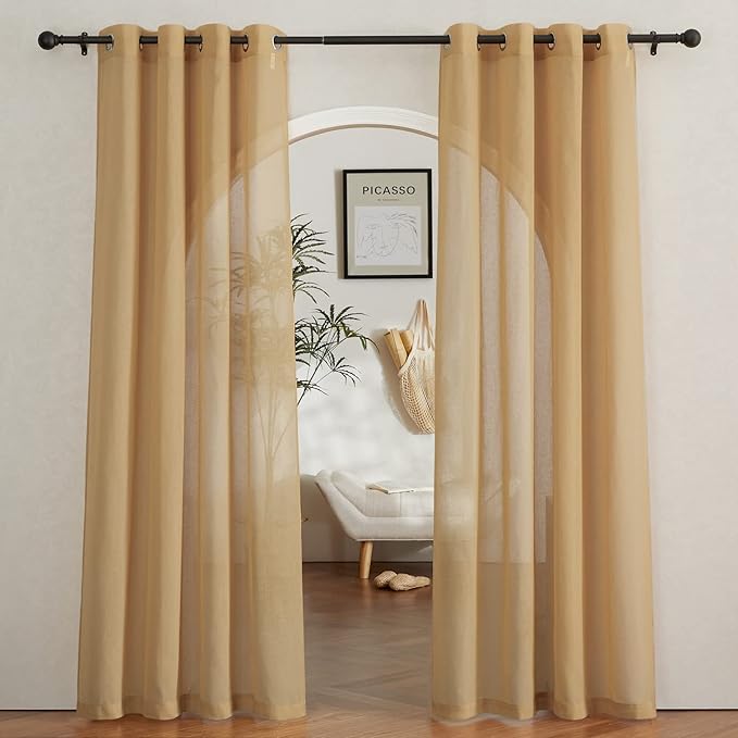 NICETOWN Sheer Linen Curtains 84 inch Long for Bedroom, Grommet Privacy Semitransparent Light Filtering Flax Sheer Window Treatment for Living Room, Desert Yellow, W52 by L84, 1 Pair