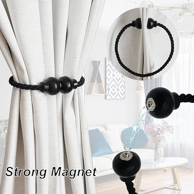 4 Pack Magnetic Curtain Tiebacks Modern Handmade Rope Curtain Tie Backs Decorative Drapes Weave Holdbacks for Home Outdoor Bedroom Office Decorative Curtain, Black