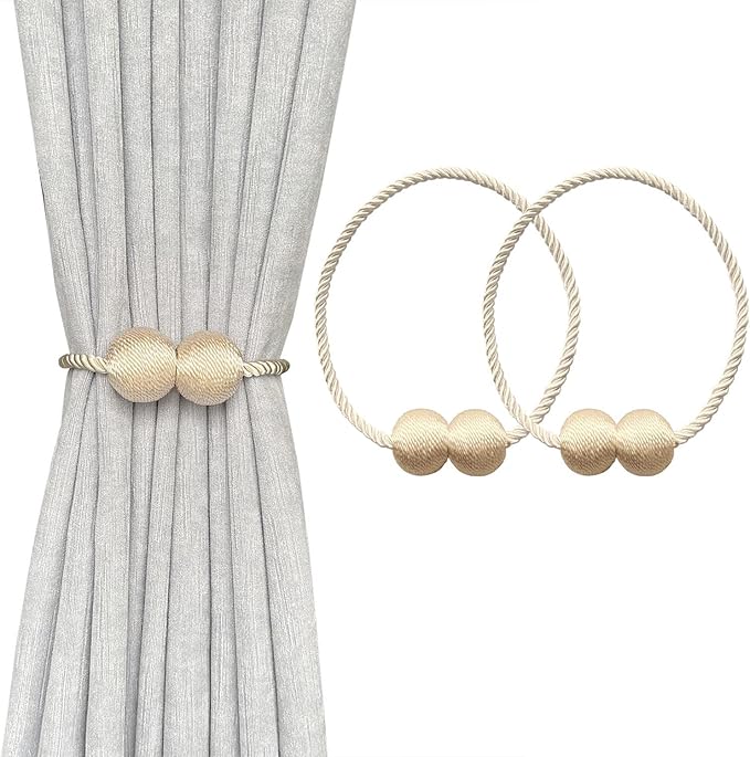 Melaluxe 2 Pack Magnetic Curtain Tiebacks, Decorative Curtain Holdbacks for Window Décor (Beige)