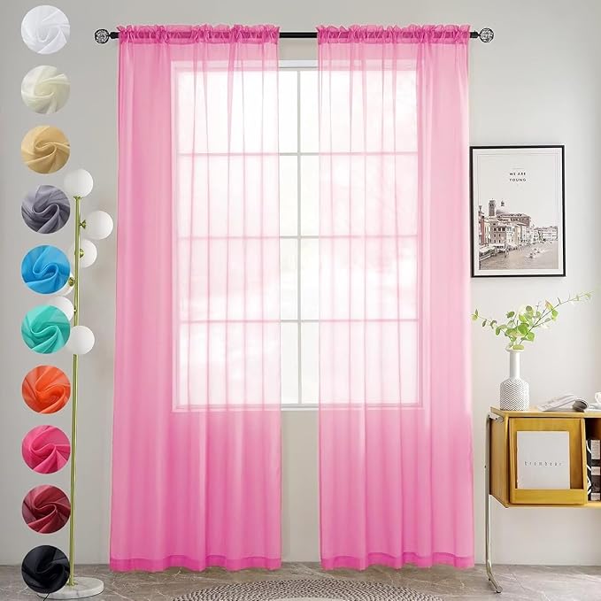 youleyar Solid Sheer Rod Pocket Curtain Voile Draperies 2 Panels White Beige Black Grey Coffee 52 Inch Width 63 Inch Long 1 Pair for Kitchen Bedroom Children Living Room Yard (New Pink,52Wｘ63L)