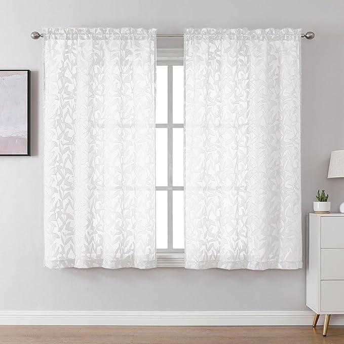 Lecloud Leia White Sheer Curtains 54 Inch Length 2 Panels, Voile Light Filtering Privacy Jacquard Textured Curtains, Dual Rod Pockets Drapes with Leaves for Living Room Bedroom, Each 42" W x 54" L