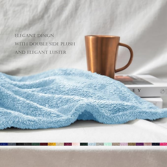Exclusivo Mezcla Plush Fuzzy Fleece Bed Blanket Queen Size, Super Soft, Fluffy and Warm Blankets for Couch, Bed, All Season (Light Blue, 90x90 Inches)