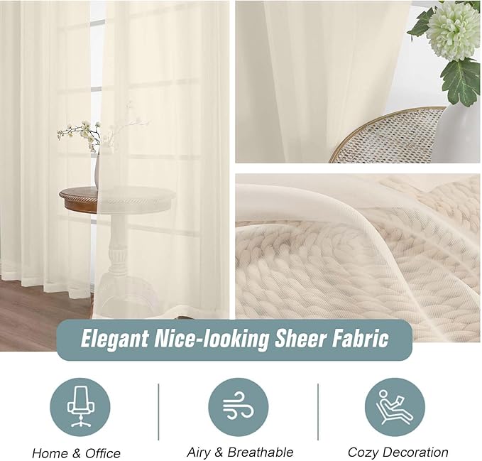 Cream Window Sheer Curtains 54 inch Length, Soft Airy Light Filtering Sheer Curtain 2 Panels Set, Dual Rod Pocket Gauze Drapes for Living Room Bedroom Dining Room, 2x42Wx54L Inches