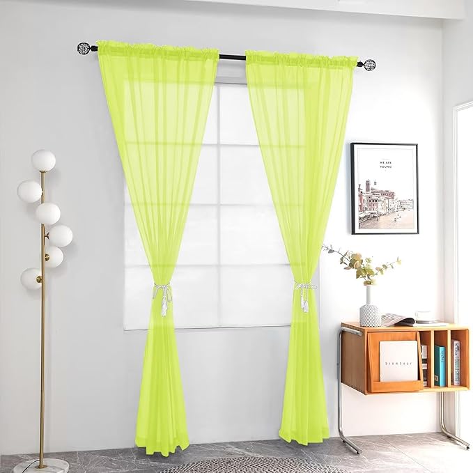youleyar Solid Sheer Rod Pocket Curtain Voile Draperies 2 Panels White Beige Black Grey Ivory 52 Inch Width 72 Inch Long 1 Pair for Kitchen Bedroom Children Living Room Yard (Chartreuse,52Wｘ72L)