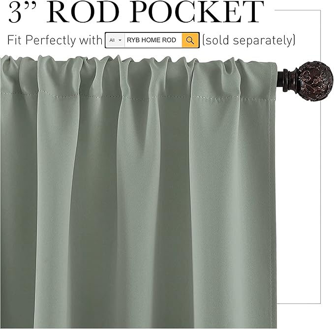 RYB HOME Short Blackout Curtains for Bedroom, Room Darkening Insulated Summer Heat Light UV Blocking Energy Saving Drapes for Nursery, Width 34 by Length 48, Greyish Green, Set of 2