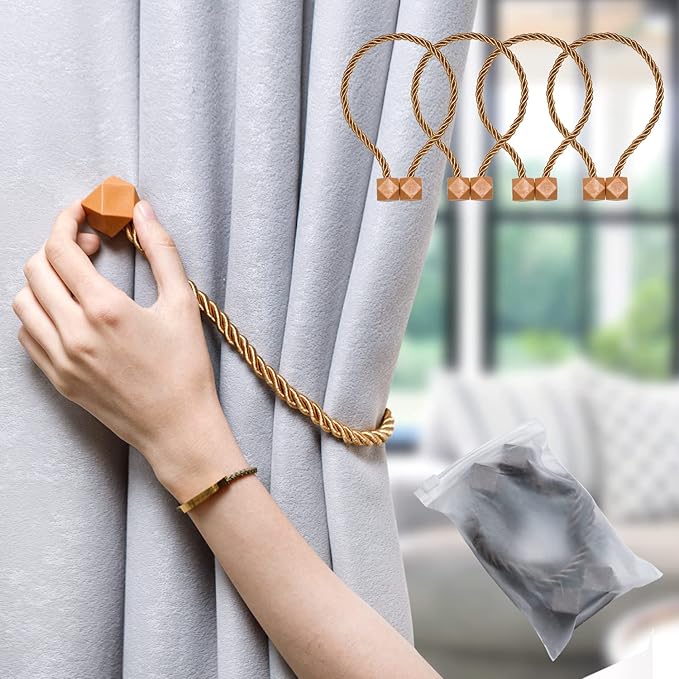 NazTur Magnetic Curtain Tiebacks- Upgrade 2022 with a Thicker Twist Rope & Strong Magnet Tieback Window Treatment Holdbacks Draperies Holders Decorative Drape Handmade Tie Back (Gold, 4)