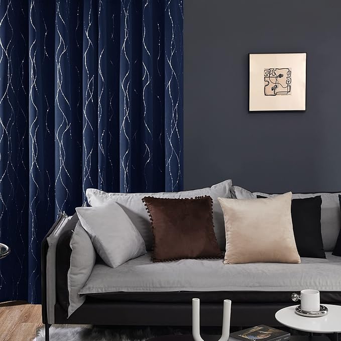Deconovo Blackout Curtains for Living Room, Thermal Insulated Soundproof Drapes, Wave Dots Silver Print, 52 x 95 Inches Long, 2 Panels, Machine‑Washable Window Panel for Bedroom Patio Door, Navy Blue