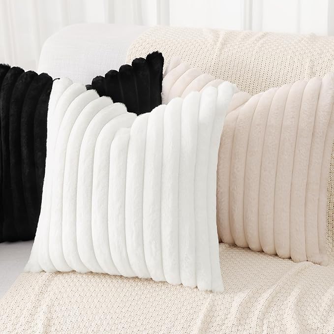 decorUhome Cozy Faux Fur Throw Pillow Covers 12x20 Set of 2 Decorative Soft Plush Striped Lumbar Modern Farmhouse Boho Couch Pillow Cases with Velvet Back for Sofa Bed Living Room, Black