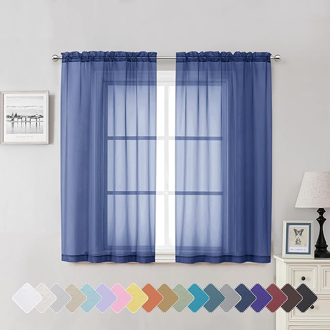 Lecloud Royal Blue Sheer Curtains 54 Inch Length 2 Panels, Voile Light Filtering Curtains with Rod Pocket, Transparent Tulle Window Treatments for Bedroom Laundry, Each Panel 42 X 54 Inch
