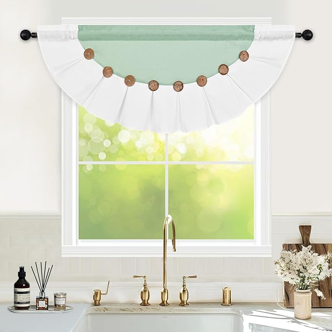 FRAMICS Farmhouse Valance Curtains, Boho Cotton Linen Kitchen Valance, Sage Green Rustic Button Window Valances for Bedroom, Country Rod Pocket Valances for Windows, Semi-Circular, 52 x 18 Inch