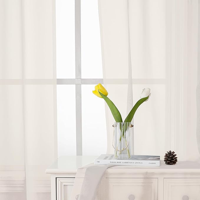 Lecloud Ivory Sheer Curtains 48 Inch Length 2 Pcs, Rustic Farmhouse Curtains with Rod Pockets, Light Filtering Window Solid Drapes for Bedroom Bathroom Basement Living Room, Each Panel 42" W x 48" L
