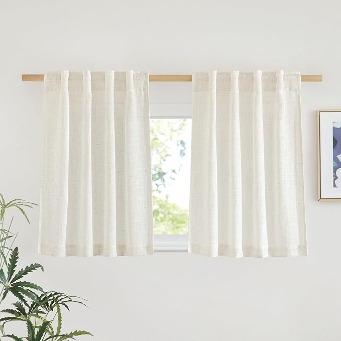 NICETOWN Casual Linen Cafe Curtains 30 inch Length, Rod Pocket & Back Tab Natural Linen Blend Privacy with Light Filtering Short Window Treatments for Kitchen, W37 x L30, 2 Panels