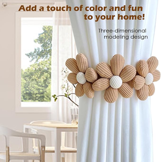 SRG Sunflower Curtain Tiebacks-2 Pack | Curtain Holdbacks with Three Flower | Curtain Tiebacks Boho | Japanese Curtain Ties | Cute Flower Curtain Ties Decorative for Bedroom Window Treatment （Khaki）