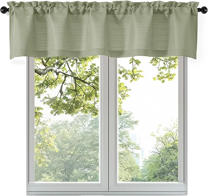 OWENIE Bob 1 PCS Light Green Valances for Windows, Faux Linen Textured Kitchen Window Curtains Valance for Bedroom Living Room, Modern Soft Airy Solid Rod Pocket Bathroom Cafe Curtain, 60Wx14L Inch