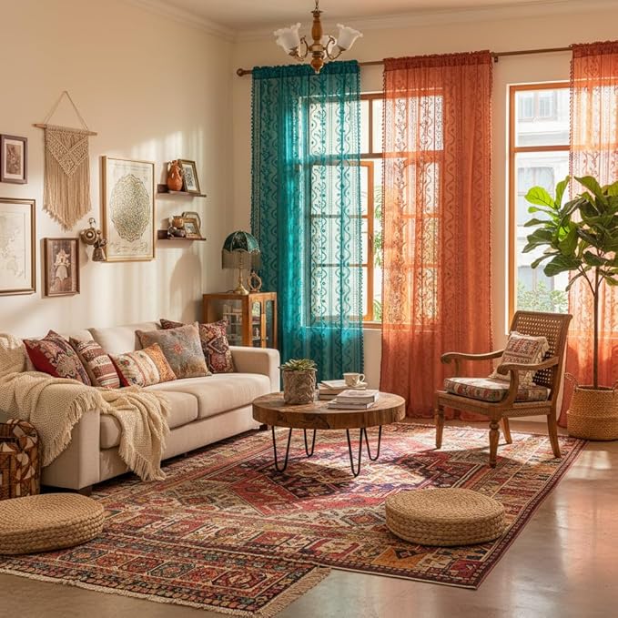WAZZIO Boho Lace Curtains 2 Panels 63 Inch -Victorian Sheer Panel Drape French Country Floral Pattern & Tassel Light Filtering Privacy for Bedroom Dining Living Room,Coastal Decor,Teal,W52x L63
