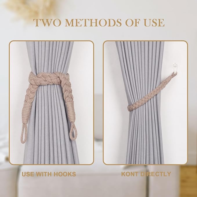 NICEEC 2 Pack Natural Cotton Rope Curtain Tiebacks Elegant Boho Style Decorative Drape Tie Backs Soft Hand-Woven Rope Curtain Holdbacks with Metal Hook for Home & Office Drapery (Grey Coffee)