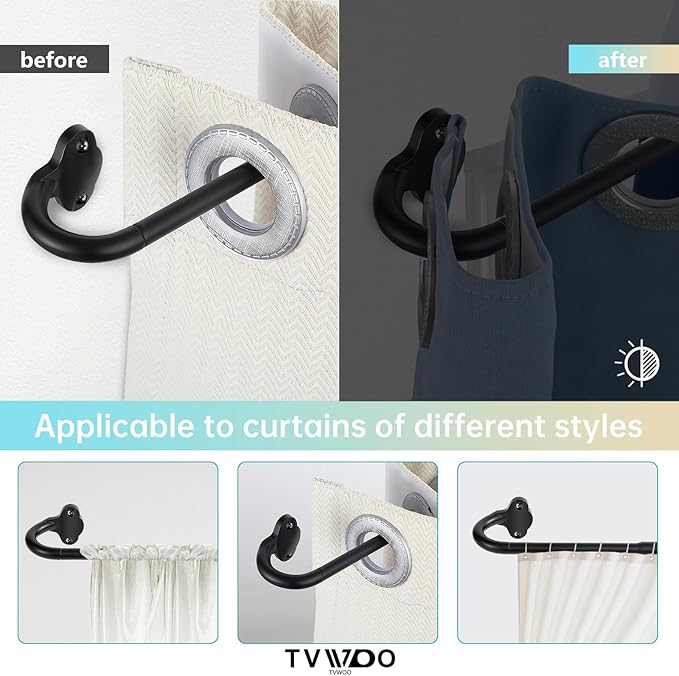 TVWOO Black Wrap Around Curtain Rods:5/8" Small Blackout Adjustable Window Curtain Rod for Bedroom Kitchen Apartment Renter Friendly,Room Darkening Curved Drapery Rods Easy Install,Matte Black 36-72"