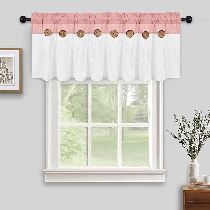 FRAMICS Farmhouse Valance Curtains, Boho Cotton Linen Kitchen Valance, Pink Rustic Button Window Valances for Kitchen Bathroom, Country Rod Pocket Valances for Window, Pink and White, 52 x 18 Inch