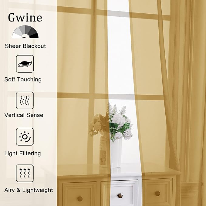 Gwine Gold Sheer Curtains 90 Inches Long 2 Panels Set, Light Filtering Solid Filmy Drapes for Living Room Bedroom, Elegant Soft Rod Pocket Voile Sheer Window Curtains, 42Wx90L Inch, 2PCS, Gold