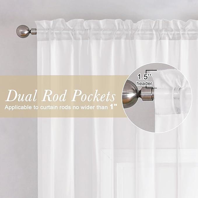 Lecloud White Sheer Curtains 45 Inch Long 2 Panels, Short Voile Drapes for Dinning Small Windows, Light Filtering Voile Curtain for Living Room Bedroom Bathroom, Dual Rod Pocket, 40" Wx45 L