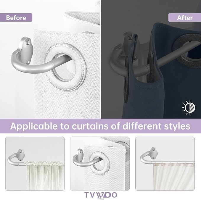TVWOO Silver Wrap Around Curtain Rods 2Pack:Small Blackout Adjustable Window Curtain Rod for Bedroom Kitchen Apartment Renter Friendly,Room Darkening Curved Drapery Rods Easy Install,Nickel 48-90 Inch