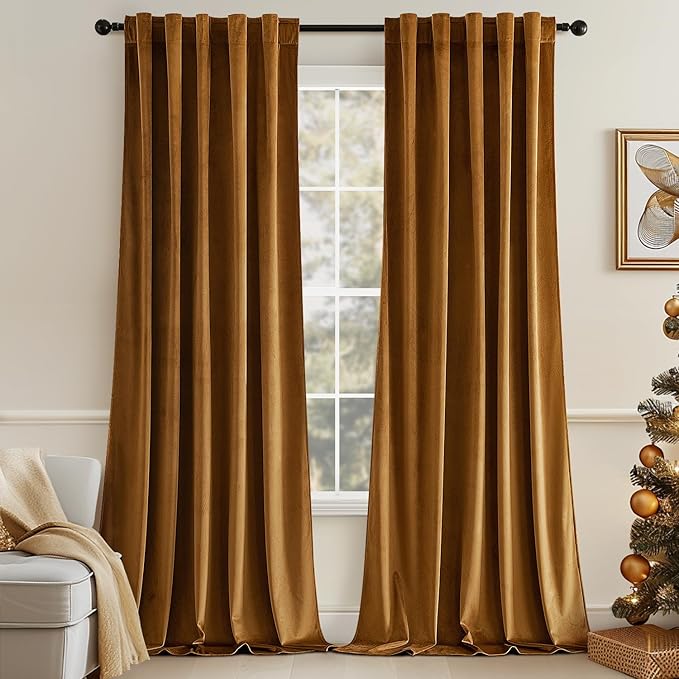 MIULEE Velvet Curtains 90 inches - Luxury Blackout Curtains for Bedroom Living Room Thermal Insulated Super Soft Window Drapes Rod Pocket & Back Tab, Gold Brown, W52 x L90 inches, 2 Panels