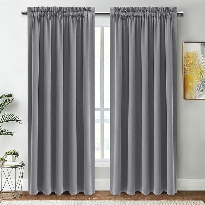 DWCN Blackout Curtains for Living Room Thermal Insulated, Energy Saving & Noise Reducing Bedroom Curtains, Grey, W 70x L 84 Inch, Set of 2 Rod Pocket Curtain Panels