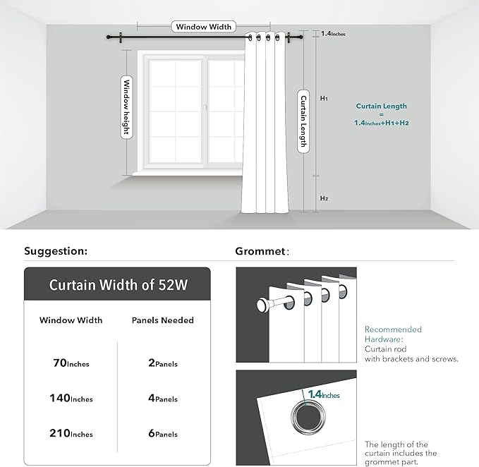 Deconovo Floor to Ceiling Curtains, Blackout Drapes 108 Inch Long, Soundproof Thermal Insulated Curtain for Sliding Door, Grommet Top, Machine Washable Drape for Living Room Bedroom Office, Light Grey