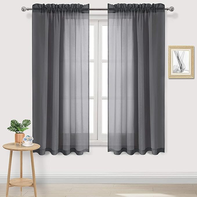 DWCN Dark Grey Sheer Curtains Semi Transparent Voile Rod Pocket Curtains for Bedroom and Living Room, 42 x 72 inches Long, Set of 2 Panels